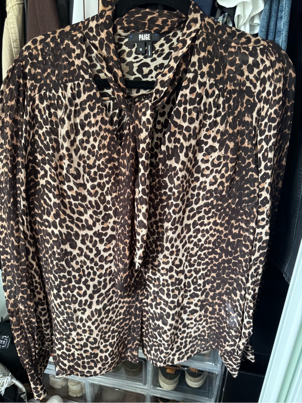 PAIGE Brown and Tan Leopard Tie-Neck Blouse